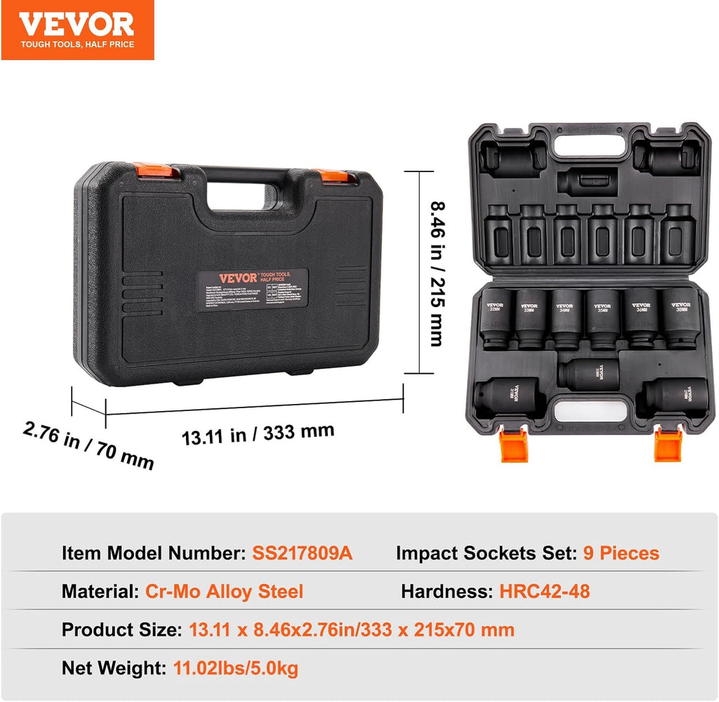 Vevor - Juego de 1/2 pulgada de enchufes de impacto de 9 piezas, juego de enchufes profundos métricos 29-38 mm, juego de enchufes de eje de 6 puntas Cr-Mo para reparación de automóviles, marcas de