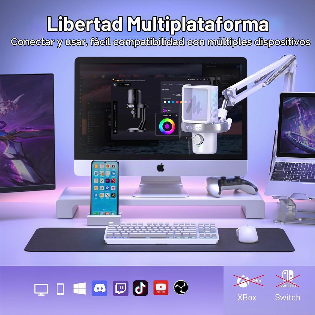 MAONO DM40 Pro Micrófono inalámbrico para PC, PS4, PS5, laptop, reducción de ruido AI, cambiador de voz AI, micrófono de condensador RGB para juegos, podcasts de transmisión, Twitch, YouTube, Discord