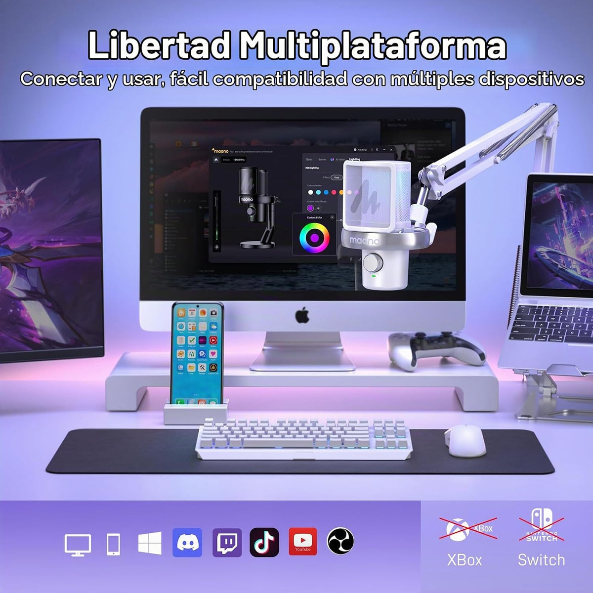 MAONO DM40 Pro Micrófono inalámbrico para PC, PS4, PS5, laptop, reducción de ruido AI, cambiador de voz AI, micrófono de condensador RGB para juegos, podcasts de transmisión, Twitch, YouTube, Discord