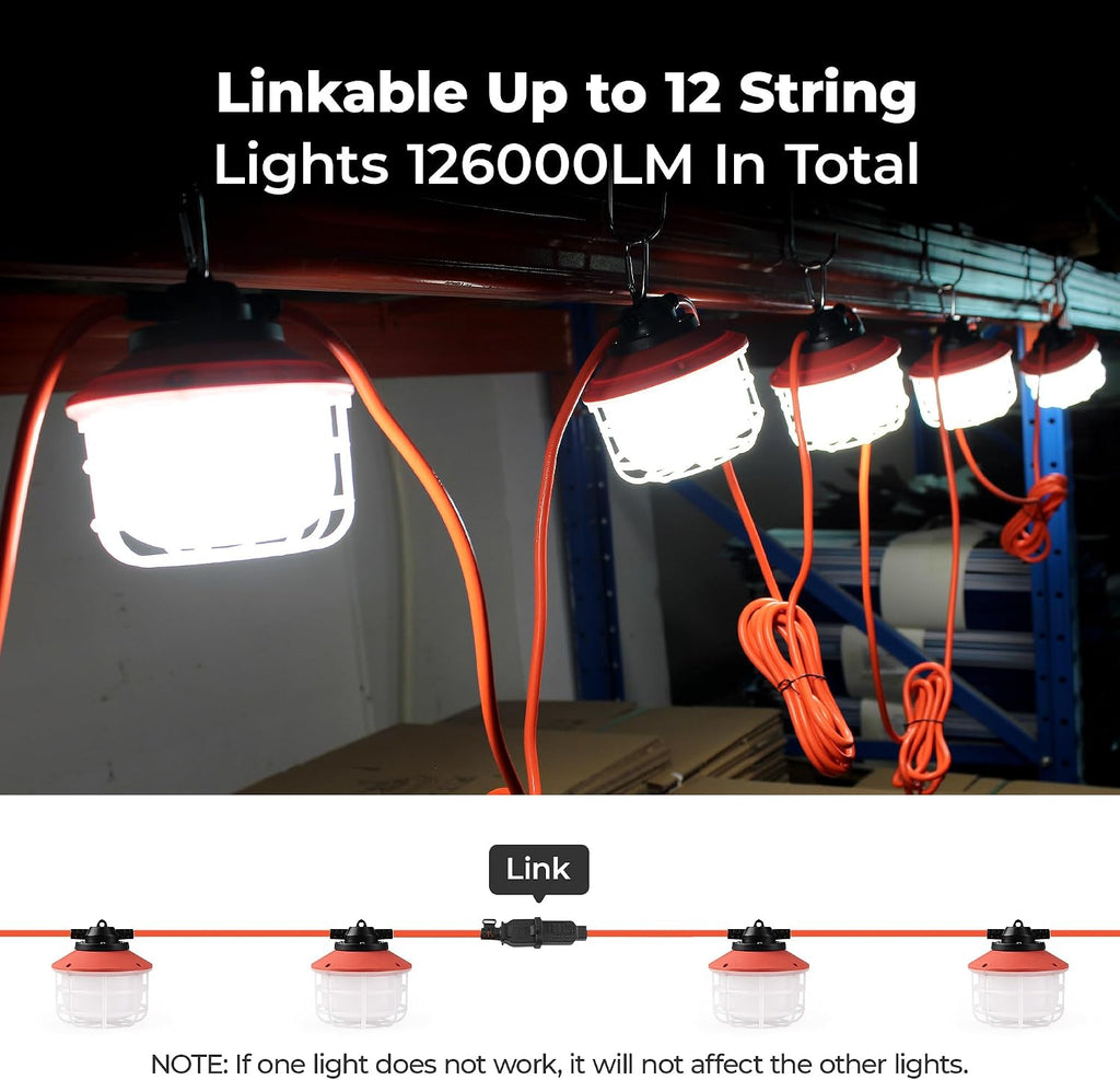 Cadena de luz de construcción de 50 pies y 75 W, certificado ETL, 18/2 SJTW