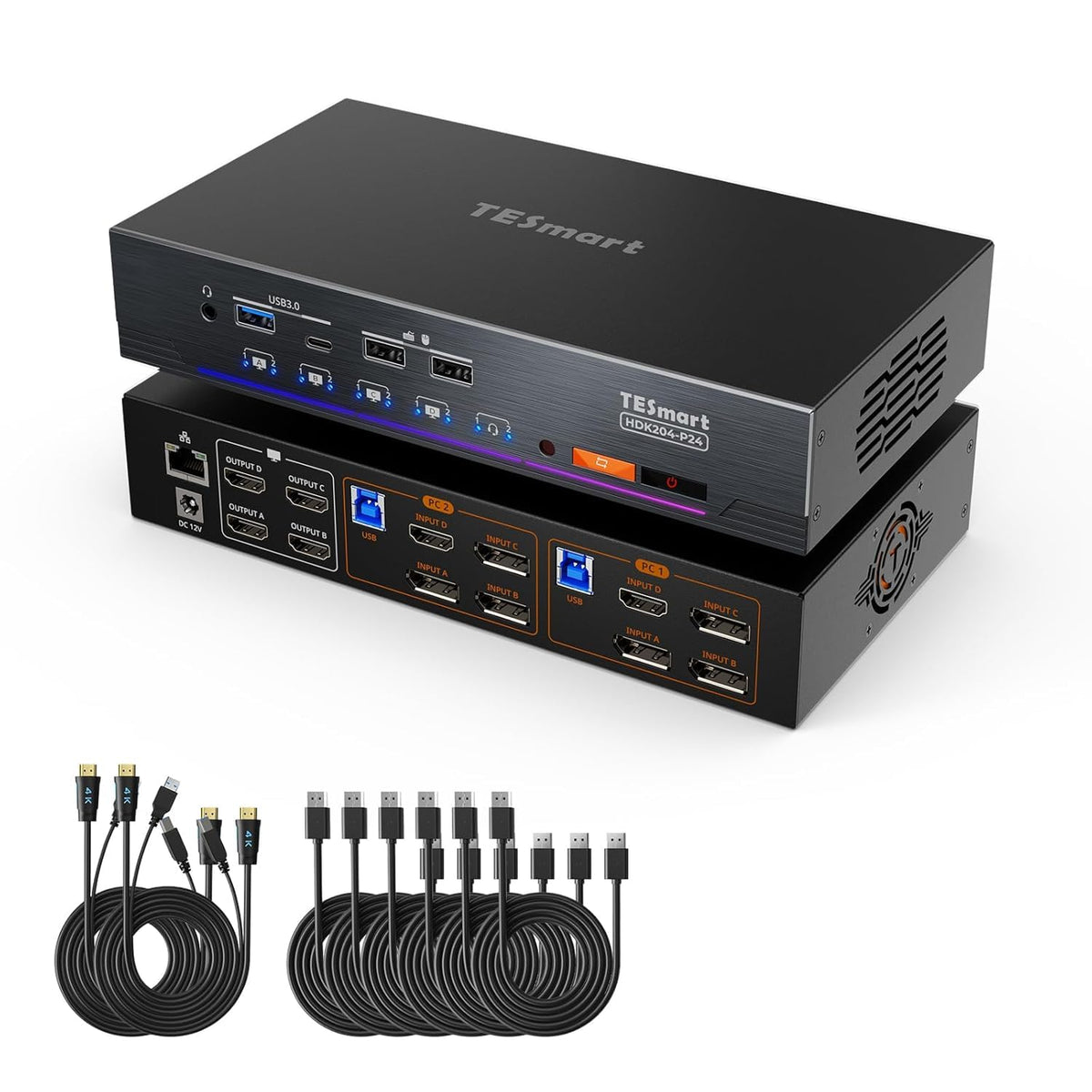TESmart Displayport+HDMI KVM Switch 4 Monitores 2 Computadoras 4K@60Hz, Estación de acoplamiento KVM de Quad Monitor, Conmutador KVM USB 3.0 Emuladores EDID, Red Gigabit, Interruptor Hotkey, Audio y