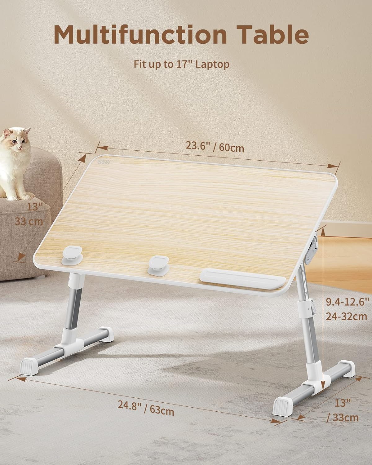 SAIJI Mesa de Cama para Laptop, Escritorio de Pie Ajustable para Oficina en Casa, Escritorio Portátil Ligero Plegable para Regazo para Sofá Sillón Suelo Trabajar Estudiar Leer Escribir Comer