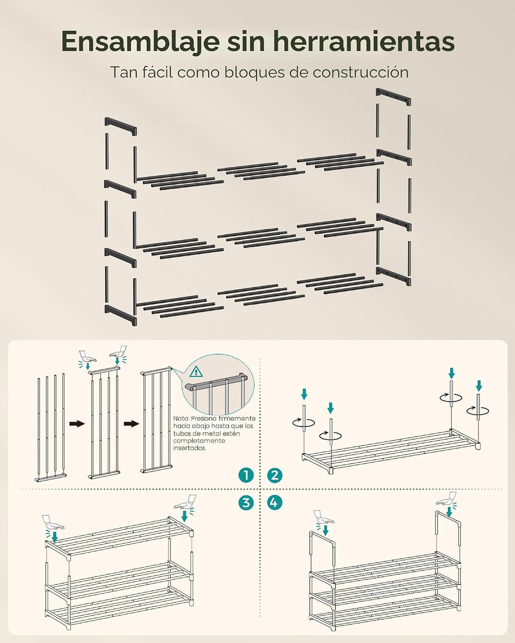 SONGMICS Zapatero, organizador de zapatos de 3 niveles, estante de almacenamiento de metal, vertical o al revés, para 20-24 pares, apilable, para entrada, 11.8 x 46.1 x 21.7 pulgadas, negro ULSA033B01