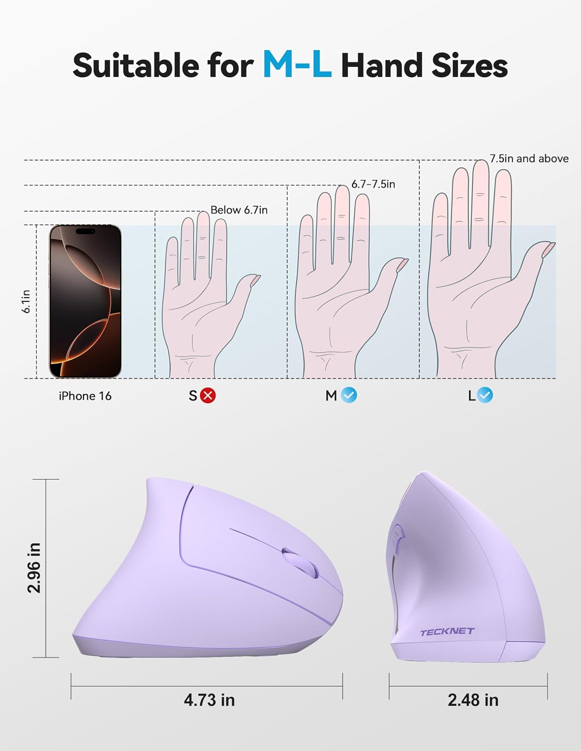 TECKNET Ratón ergonómico, ratones verticales recargables 2.4G+Bluet...
