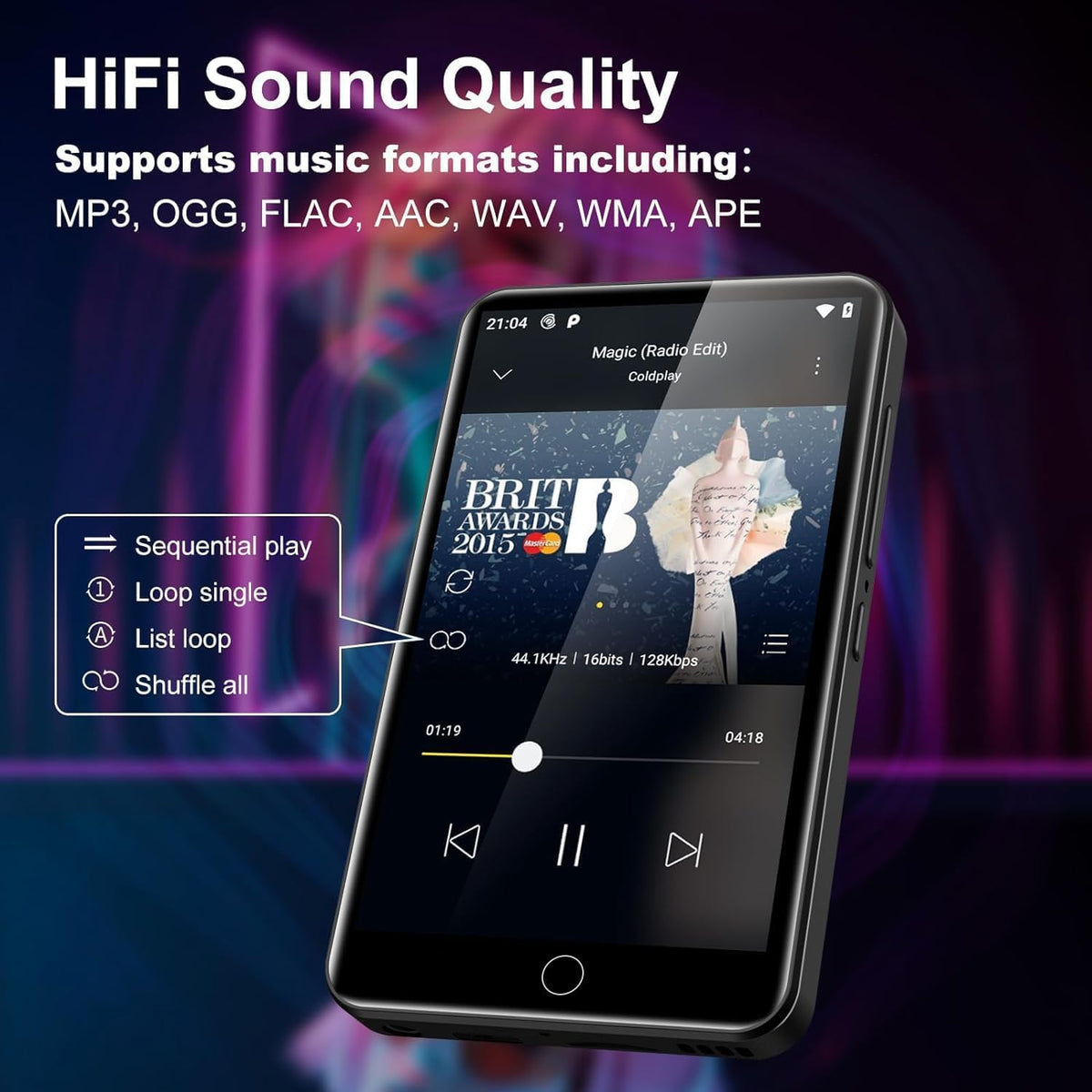 Reproductor MP3 de 80GB con Bluetooth 5.0 y WiFi, reproductor de música Android con Spotify y Amazon Music, reproductor de alta fidelidad con pantalla táctil HD de 4.0", compatible con expansión de 1TB, reproductor de video MP4