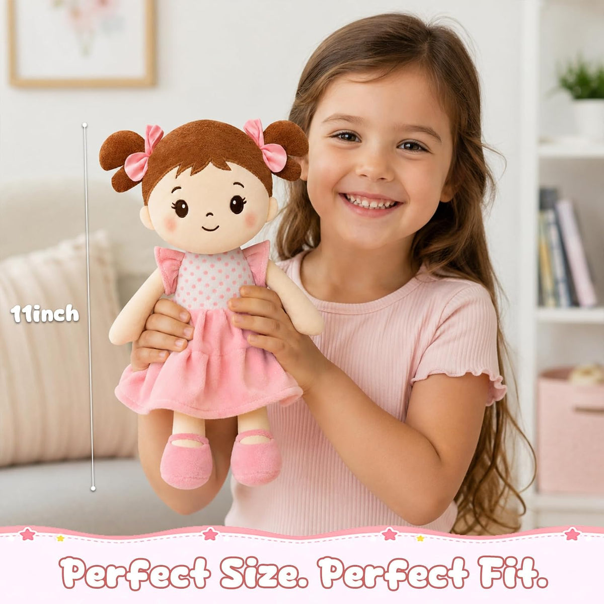 SQEQE Muñeca de bebé suave, muñecas de trapo de felpa de 11 pulgadas para regalo de cumpleaños de niña de 1 año, primeros juguetes de muñecas de bebé para niños pequeños, cabello castaño