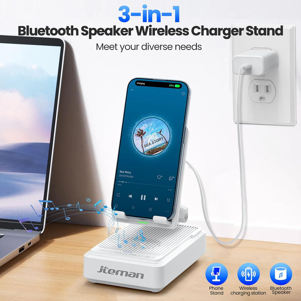 Jteman Soporte para teléfono móvil con altavoz Bluetooth y cargador inalámbrico