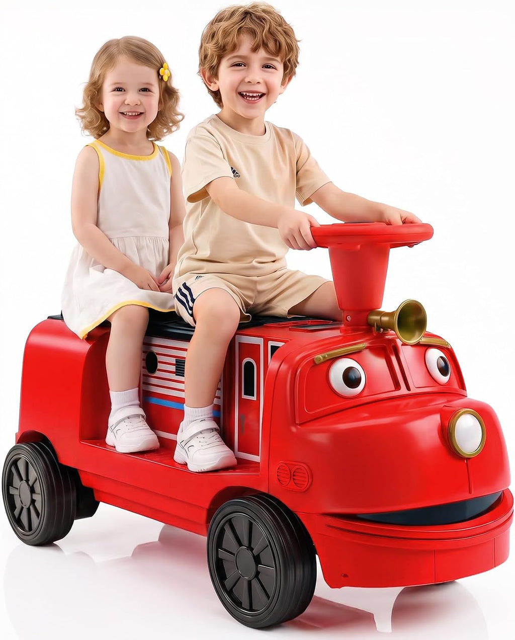 Chuggington - Tren de 2 plazas sin rieles, con licencia de 12 V, para niños de 3 años en adelante, con espacio de almacenamiento, silbato, LED, música, 2 velocidades máximas, 150 libras, rojo