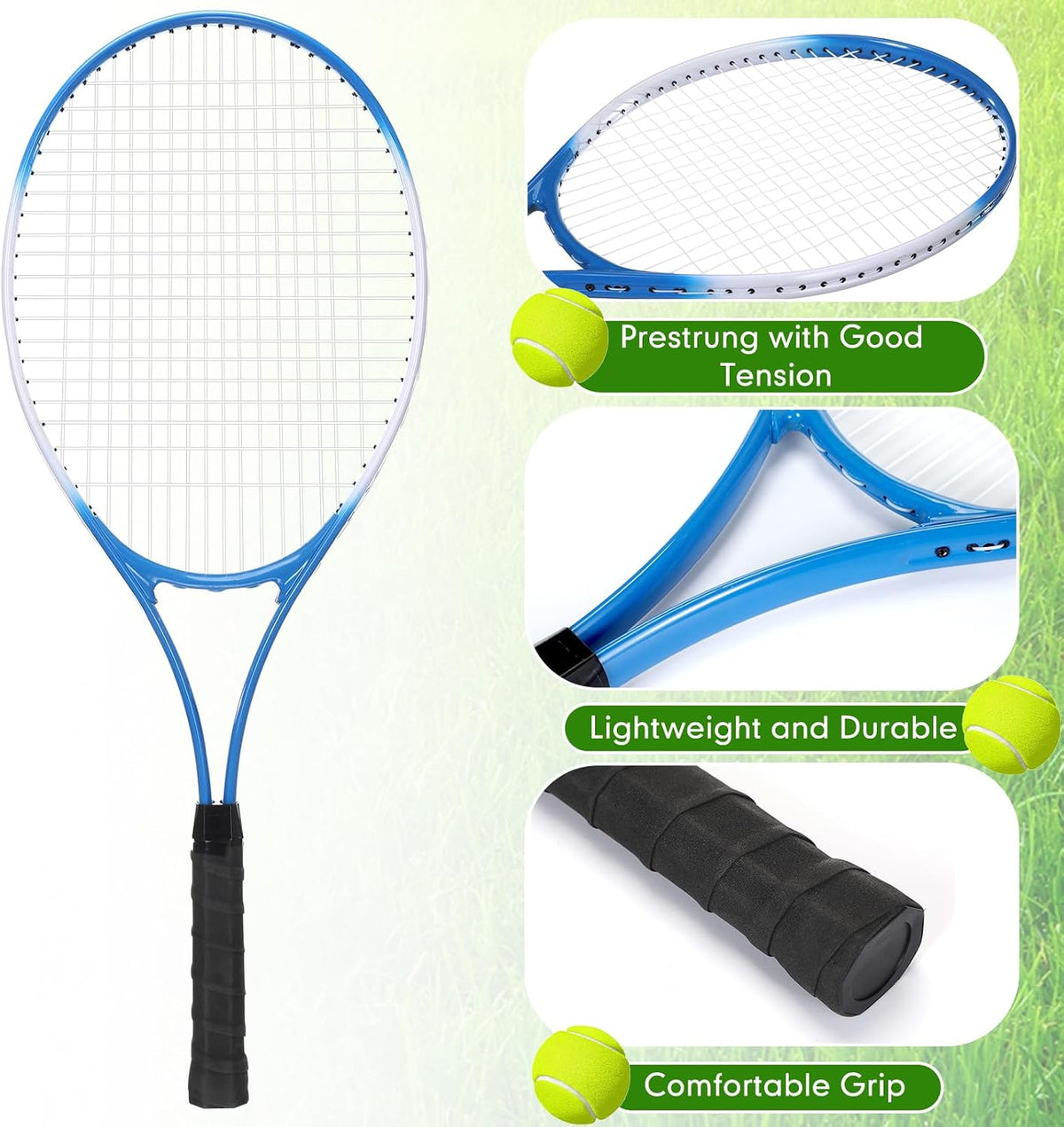 Paquete de 4 raquetas de tenis para adultos, recreativas, para 4 jugadores, raquetas de tenis preencordadas de 27 pulgadas, raquetas de tenis ligeras a granel con 4 pelotas de tenis, 4