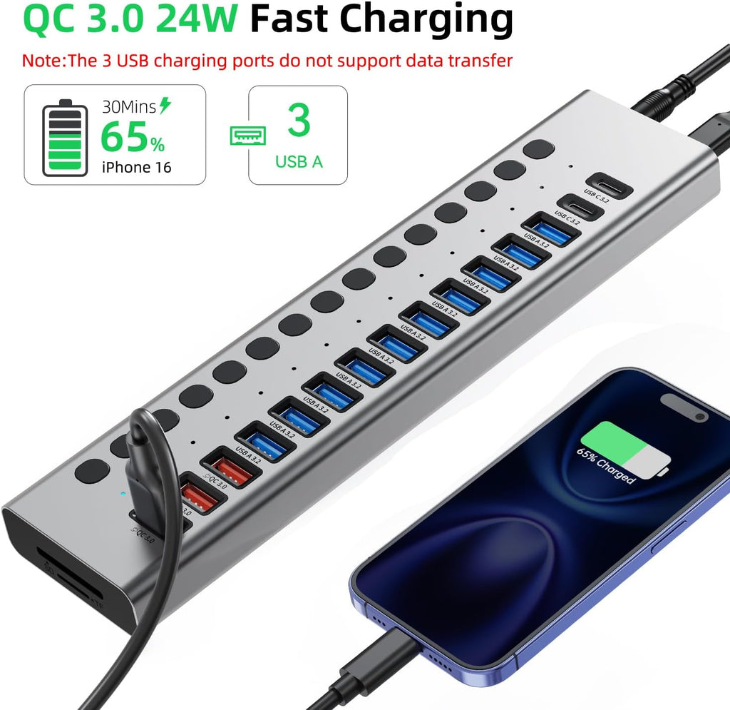 VANGREE, MK1-1200800C8, hub USB 3.2 de 17 puertos, alimentado, adaptador 12V/8A