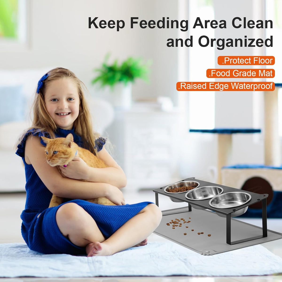 Cuencos Elevados para Gatos con Tapete para Comida, Juego de Cuencos Elevados Antideslizantes Inclinados 10° para Comida y Agua de Gatos, 3 Platos Gruesos de Acero Inoxidable para Mascotas con Lindo