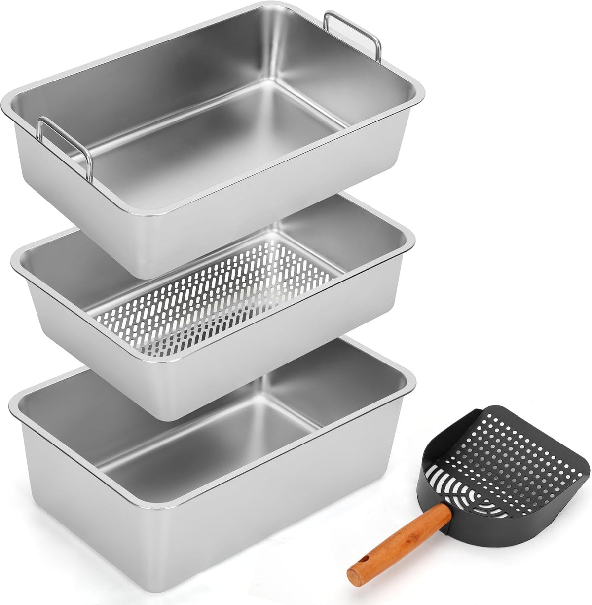 Caja de arena para gatos de acero inoxidable de 3 niveles, bandeja triple extra grande con asas dobles, bandeja de arena de metal antiadherente para aglutinar arena para gatos
