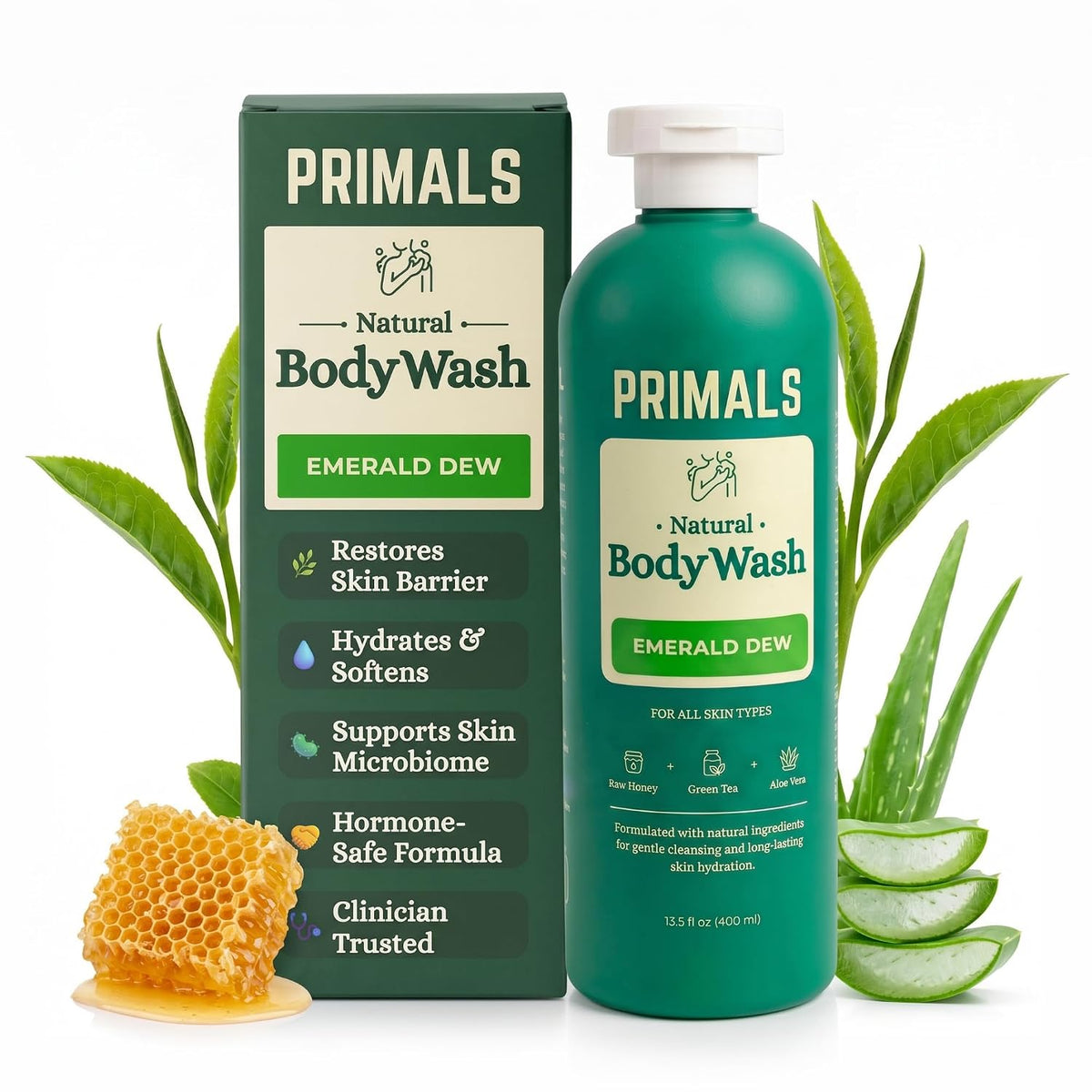 PRIMALS Gel de baño natural, aloe vera, miel cruda, té verde, ingredientes naturales, cero fragancias artificiales, sulfatos, parabenos o colorantes, 13.5 onzas líquidas