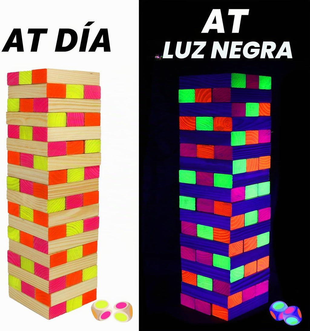 Lámpara Ahuimeius Juego de mesa Glow Tumble Tower de 54 piezas, torre que brilla en la luz negra, juego de mesa para interiores y exteriores para adultos para noche de juegos familiares