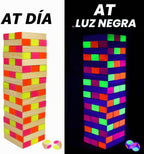 Lámpara Ahuimeius Juego de mesa Glow Tumble Tower de 54 piezas, torre que brilla en la luz negra, juego de mesa para interiores y exteriores para adultos para noche de juegos familiares