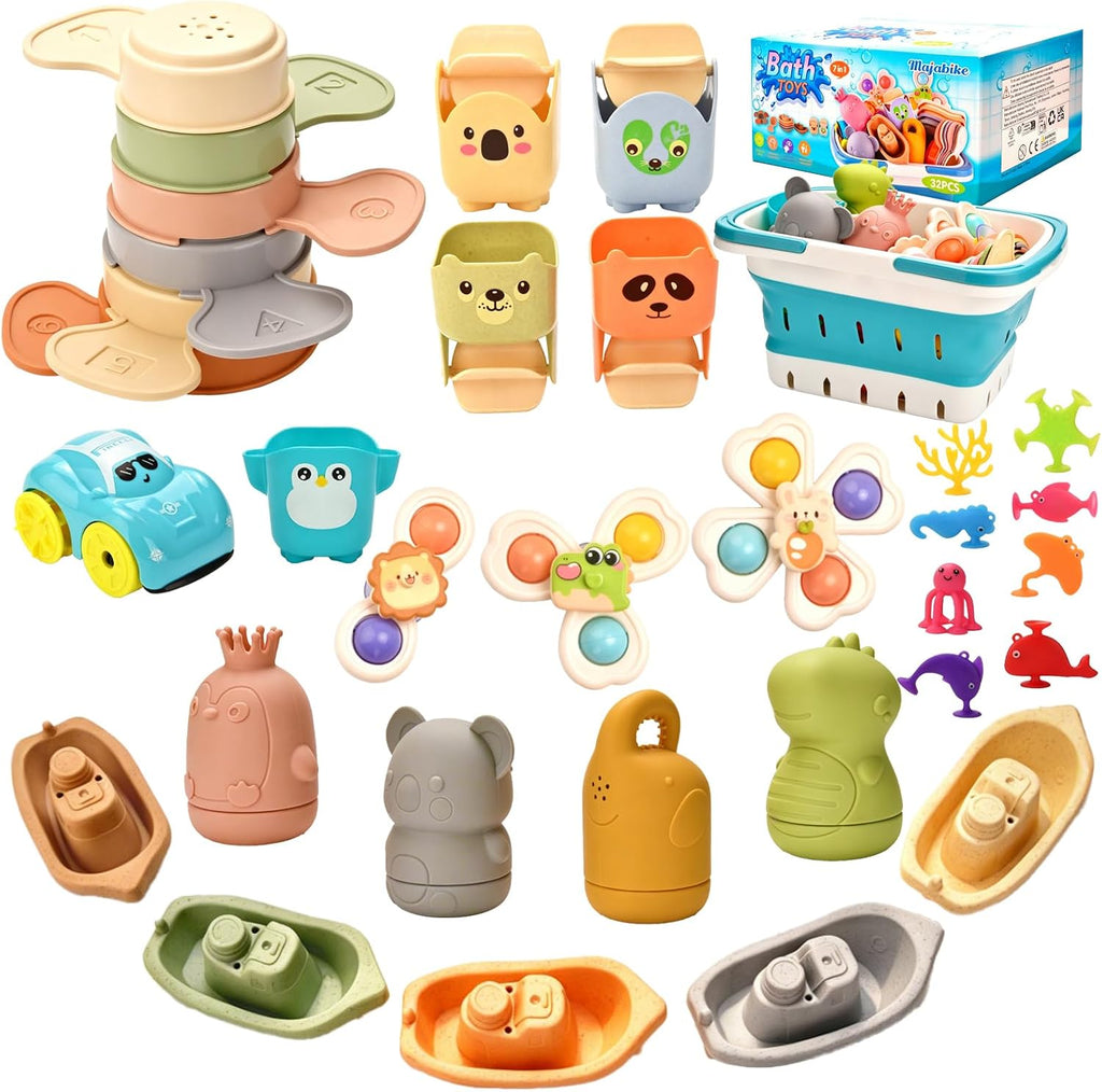 Juguetes de baño para bebés, juguetes de piscina, adecuados para niños y niños pequeños, juego 6 en 1 que incluye bote flotante, cuchara de baño y taza giratoria, juguetes de piscina y mesa de agua