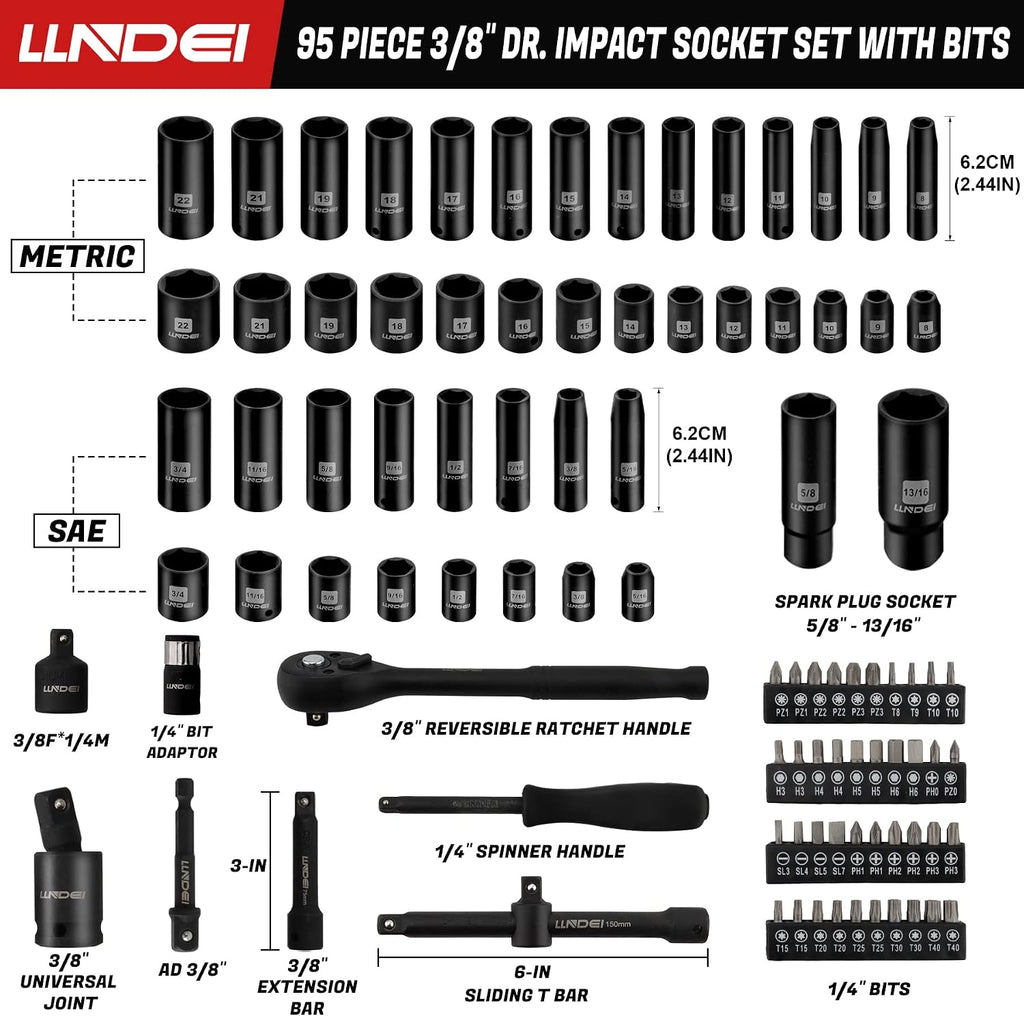 Juego de llaves de impacto de 3/8", SAE estándar (5/16 a 3/4-pulgada) Tamaño métrico (8-22mm), 95 piezas, kit profundo y poco profundo de acero CR-V, adaptadores, mango de trinquete, juego de