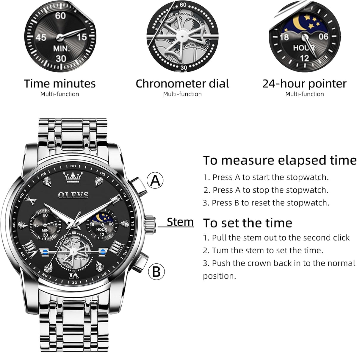 OLEVS Relojes para hombres Luxurious vestimenta acero inoxidable resistente al agua cronógrafo