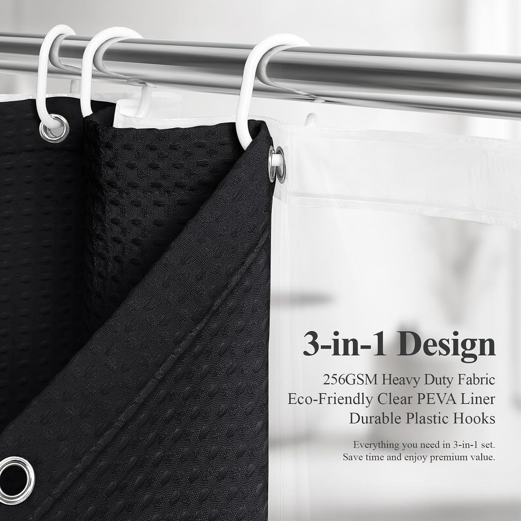 3 en 1 Waffle Shower Curtain Set con PEVA Liner 72Wx72H negro