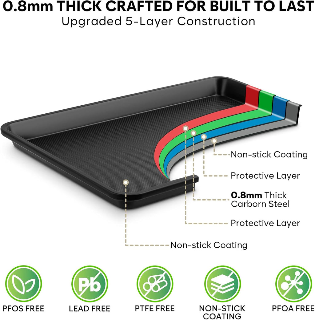 Juego de bandejas antiadherentes para hornear con estante de enfriamiento, 4 hojas de galletas para hornear, sartenes de horno de acero al carbono resistentes de 0.03 in, media hoja recubierta de