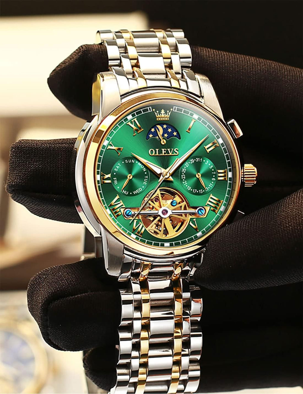 OLEVS Relojes automáticos de cuerda automática para hombre, calendario de fecha, día de día, reloj de acero inoxidable, movimiento de esqueleto, Tourbillon, sin batería, relojes impermeables para hombre, Un reloj verde, redondo, Reloj de esqueleto