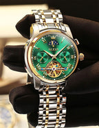 OLEVS Relojes automáticos de cuerda automática para hombre, calendario de fecha, día de día, reloj de acero inoxidable, movimiento de esqueleto, Tourbillon, sin batería, relojes impermeables para hombre, Un reloj verde, redondo, Reloj de esqueleto