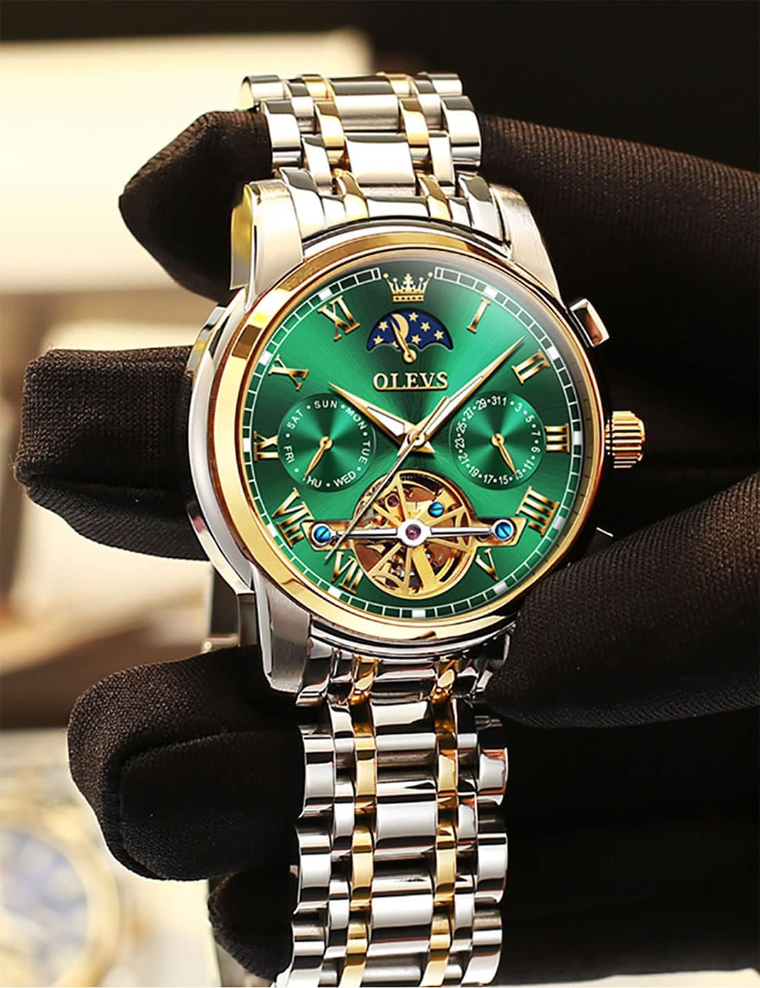 OLEVS Relojes automáticos de cuerda automática para hombre, calendario de fecha, día de día, reloj de acero inoxidable, movimiento de esqueleto, Tourbillon, sin batería, relojes impermeables para hombre, Un reloj verde, redondo, Reloj de esqueleto
