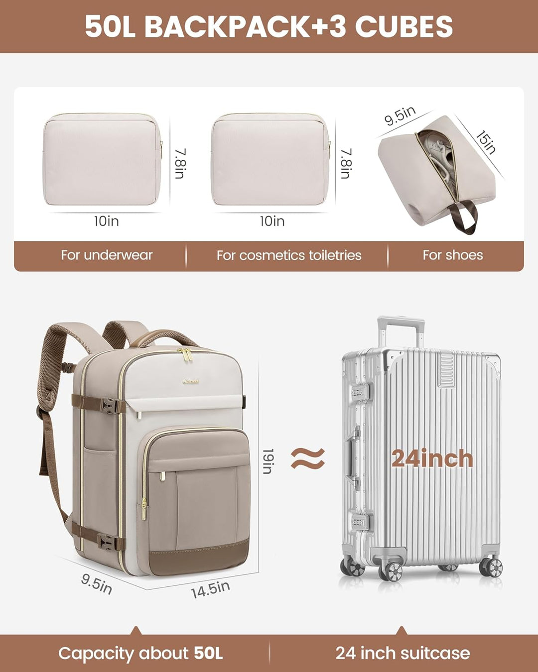 LOVEVOOK Mochila de viaje de 50L para mujeres y hombres, mochila de...
