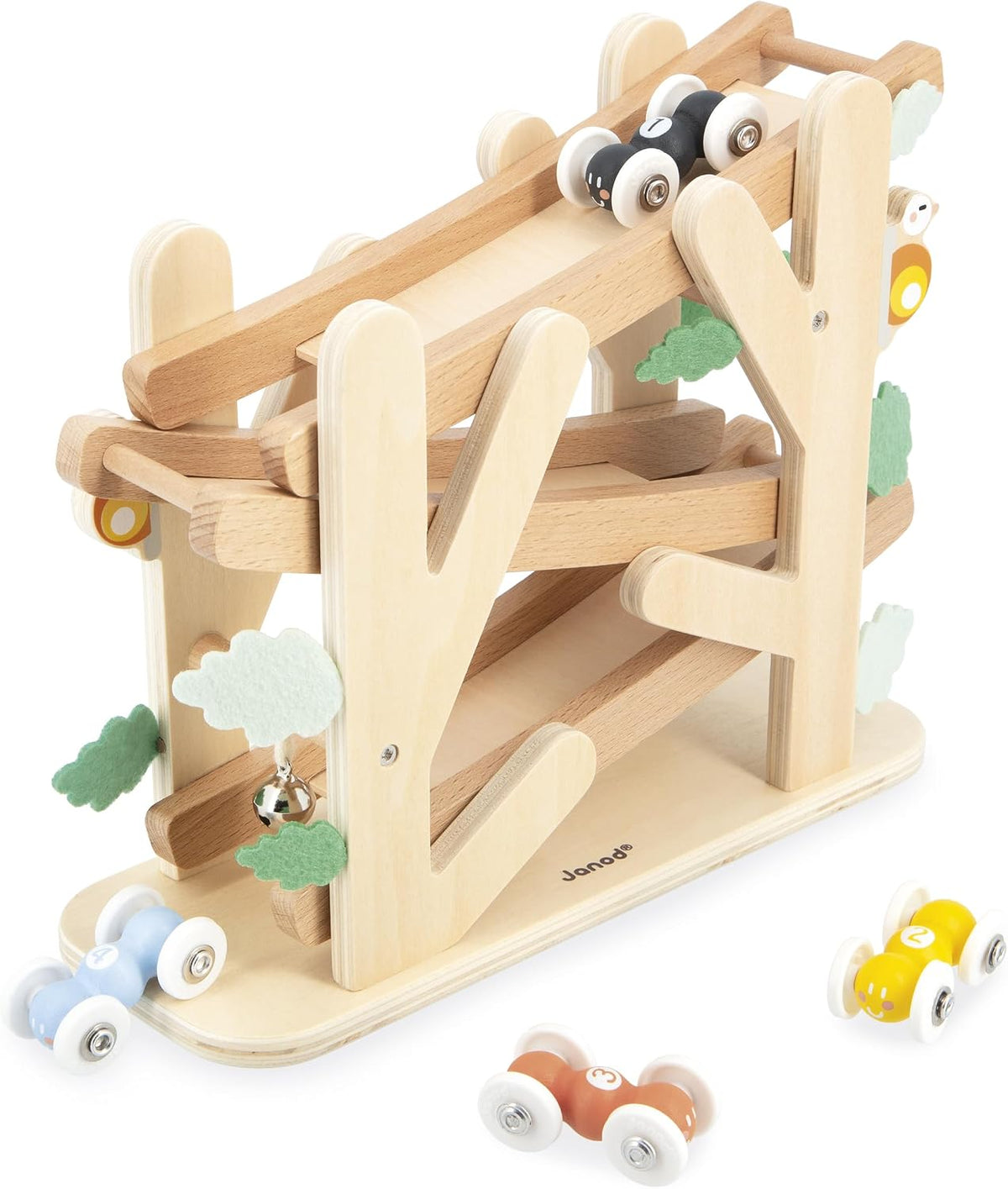 Janod - Tobogán de madera de 3 niveles - Tobogán de hormigas con 4 autos incluidos - Juguete de aprendizaje temprano y primera infancia - Entrenamiento de habilidades motoras finas - a partir de 1 año