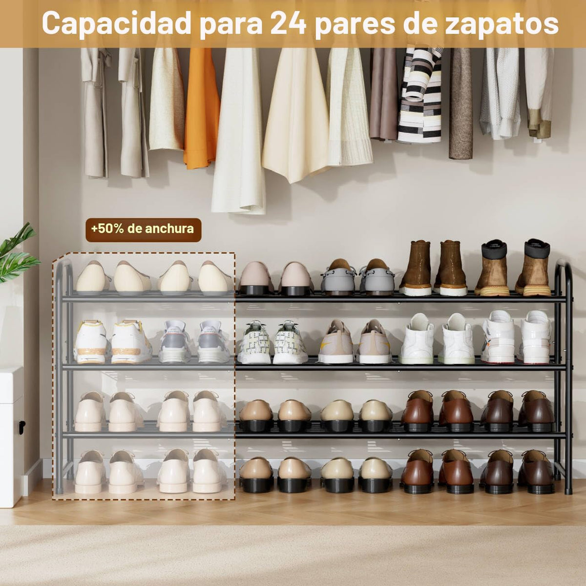 Zapatero largo de 3 niveles para armario, organizador de zapatos de metal para entrada, amplio estante apilable de almacenamiento de zapatos con rejilla de alambre resistente para piso de