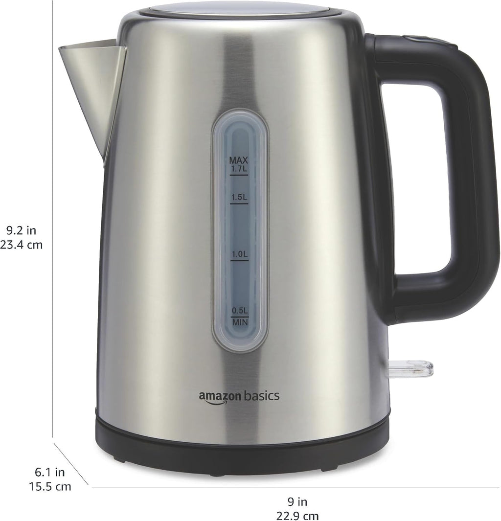 Amazon Basics Hervidor eléctrico de acero inoxidable para té y café, sin BPA, hervir rápido, apagado automático, protección contra hervor, 1.7 litros, 1500 W, negro y plateado