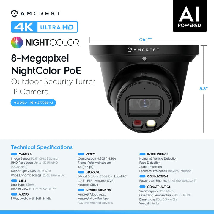 Amcrest 4K Night Color AI Turret IP PoE Cámara 49 pies Visión Noctu...