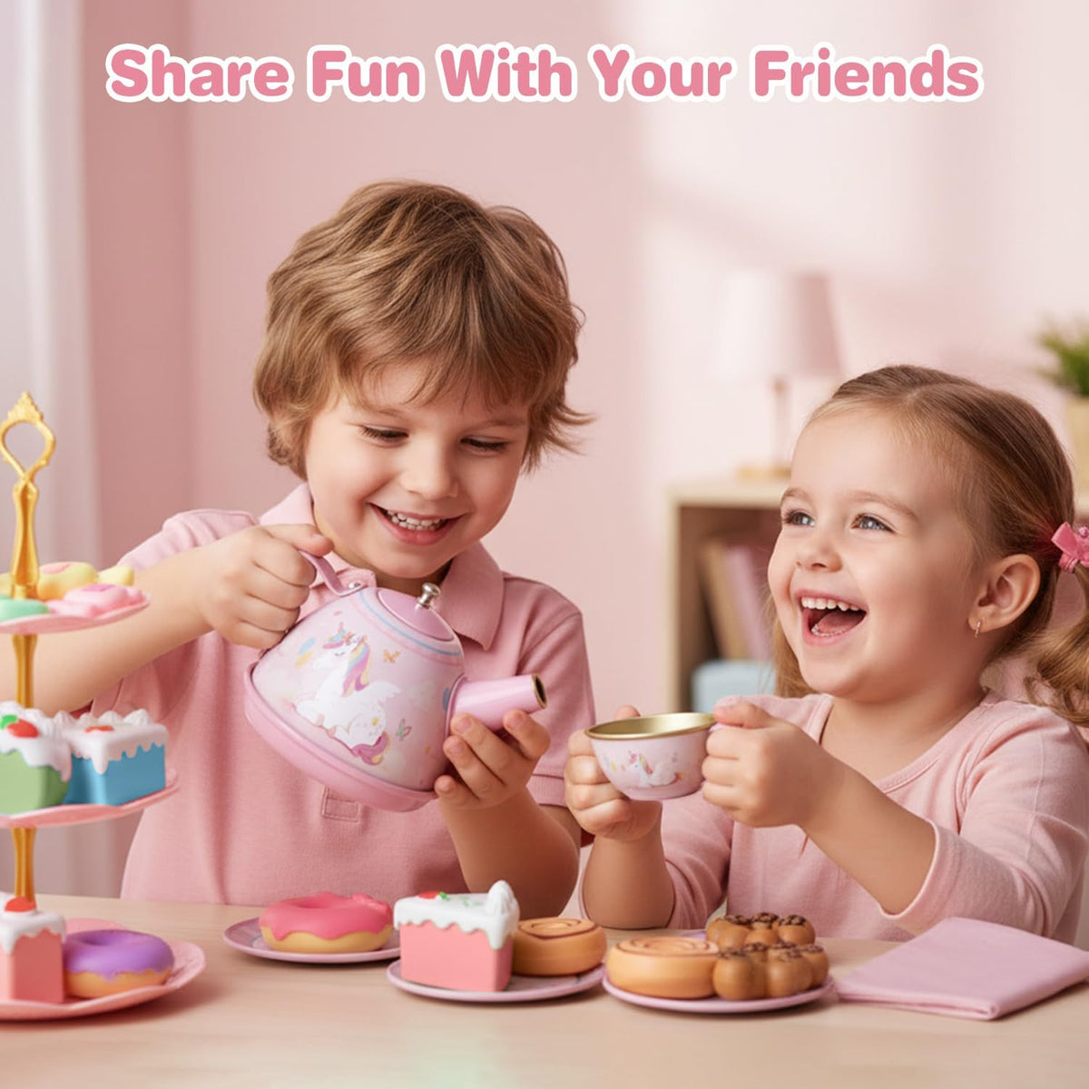 iAOVUEBY Juego de fiesta de té para niñas pequeñas, 49 juguetes de princesa para la hora del té, incluyendo estuche de transporte de postre Teaset, juguetes de cocina para niños, regalos de cumpleaños para niñas pequeñas para niños de 3 a 8 años, sueño