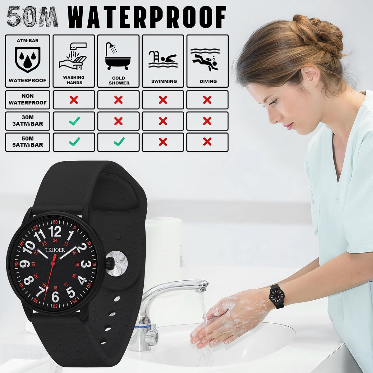 Reloj de enfermera para profesionales médicos, estudiantes, mujeres y hombres, 50M resistente al agua, formato 12/24 horas, hora militar, luminoso, esfera fácil de leer, con segundero para