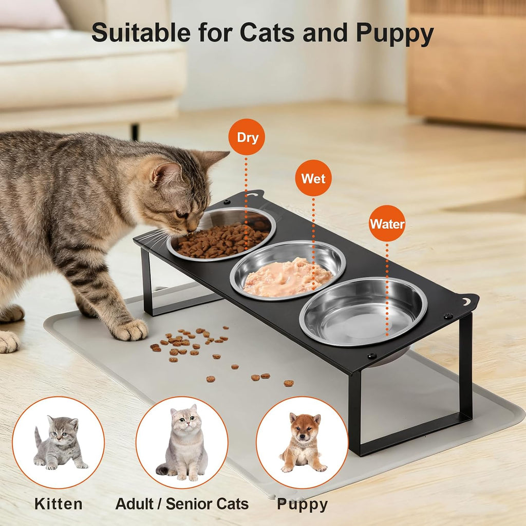 Cuencos Elevados para Gatos con Tapete para Comida, Juego de Cuencos Elevados Antideslizantes Inclinados 10° para Comida y Agua de Gatos, 3 Platos Gruesos de Acero Inoxidable para Mascotas con Lindo