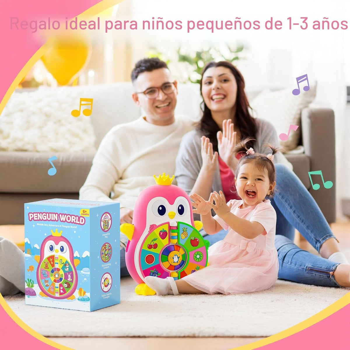 Cley - Juguetes musicales de pingüino para niñas de 1 año, juguetes educativos bilingües para bebés de 1 a 2 años con 5 temas, sonido y luz, aprendizaje de primera palabra de 12 a 18 meses, regalos de