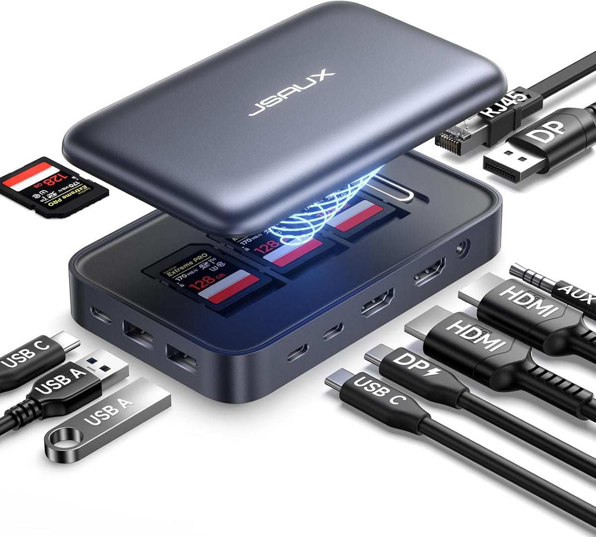 JSAUX Estación de acoplamiento USB C 12 en 1 3 monitores (4K DP, 4K HDMI*2, 100W PD)