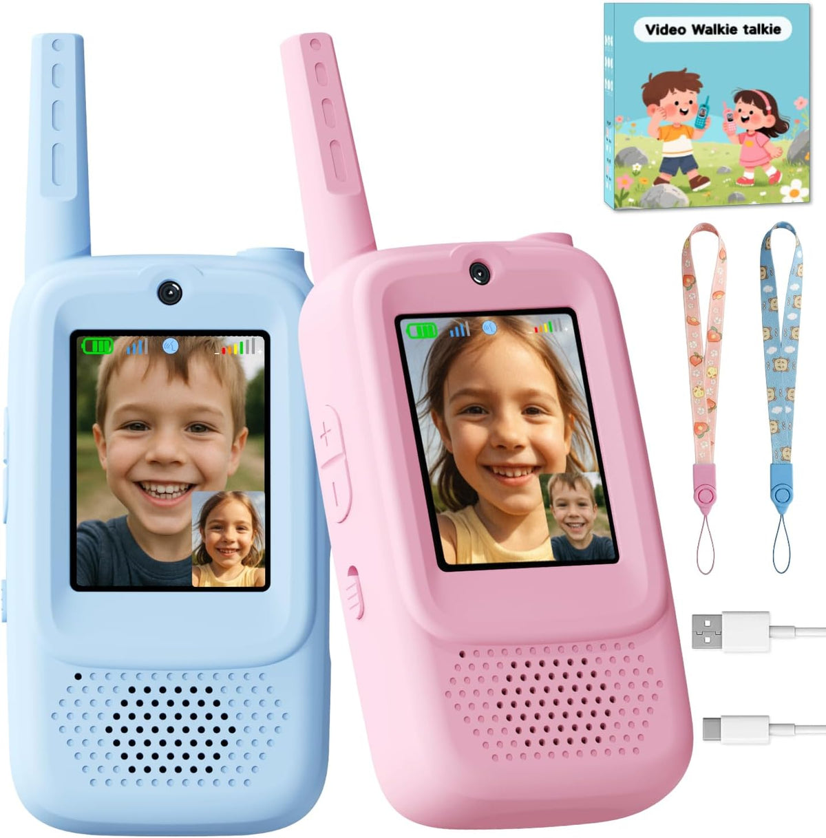 Walkie Talkies de video para niños, paquete de 2 unidades recargables de mano, juguetes para interior y exterior, regalos de Navidad y cumpleaños para niñas y niños de 3 a 12 años (azul y rosa)