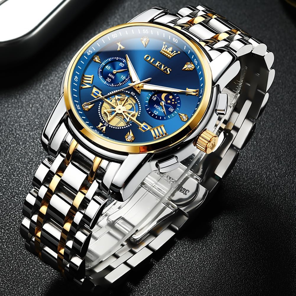 OLEVS Reloj azul para hombre con fase lunar, vestir analógico de acero inoxidable, impermeable, luminoso, fecha, dos tonos, lujo casual, pulsera