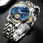OLEVS Reloj azul para hombre con fase lunar, vestir analógico de acero inoxidable, impermeable, luminoso, fecha, dos tonos, lujo casual, pulsera