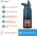 CIVAGO Botella de agua aislada de 40 onzas con pajita, frasco de agua deportiva cantimplora de acero inoxidable con 3 tapas (pajita, boquilla y tapa con asa), taza cantimplora térmica de viaje de