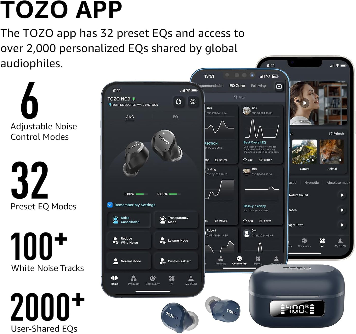 TOZO NC9 Auriculares inalámbricos híbridos con cancelación activa d...