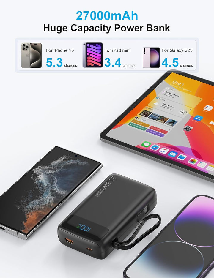 Cargador portátil de 27000 mAh, banco de energía con cable integrad...