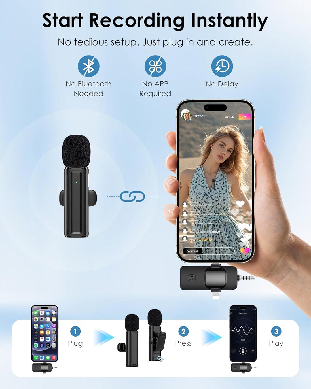 Mini micrófono inalámbrico para iPhone, Android, cámara, PC, micróf...