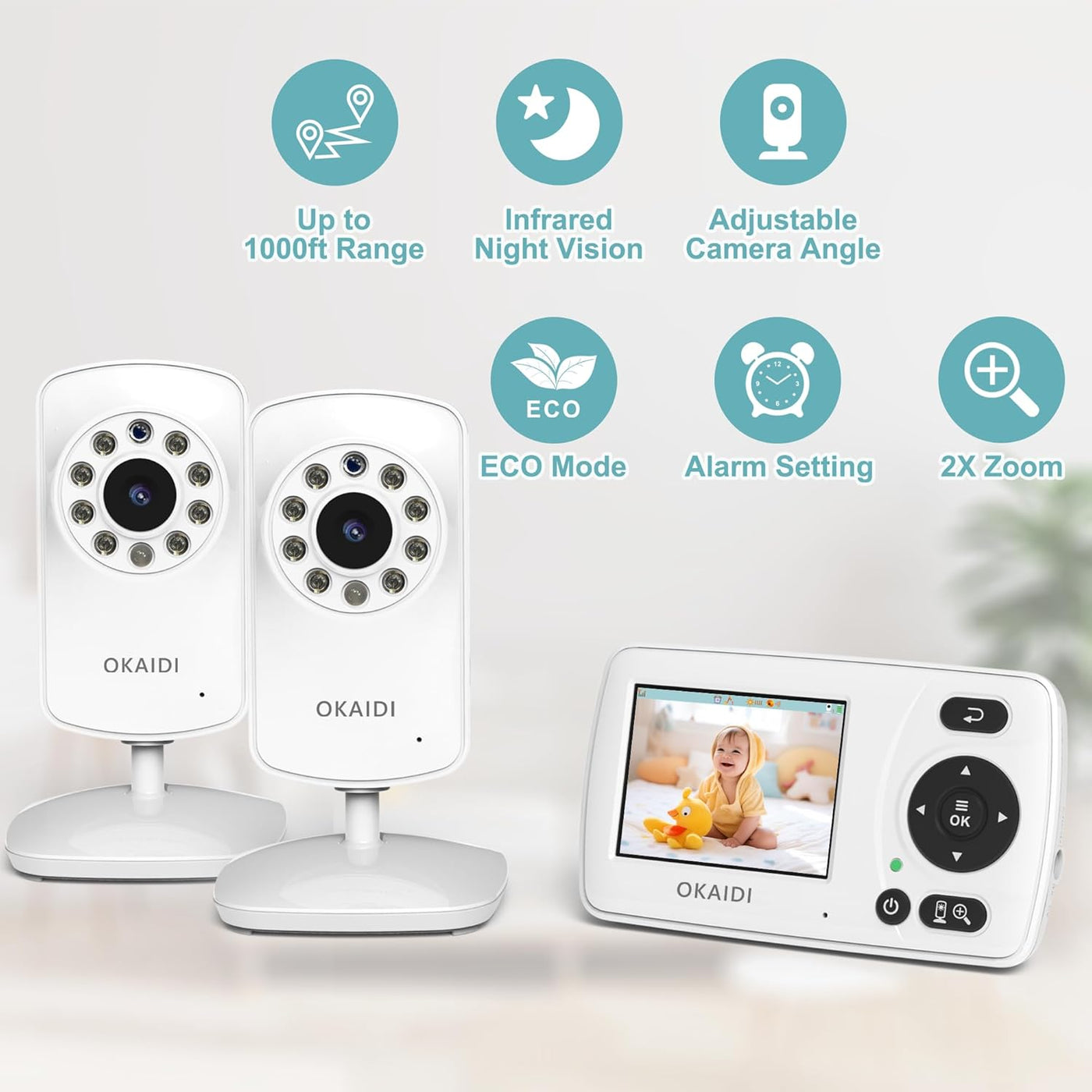 OKAIDI Monitor de video para bebés con 2 cámaras, pantalla de viaje...