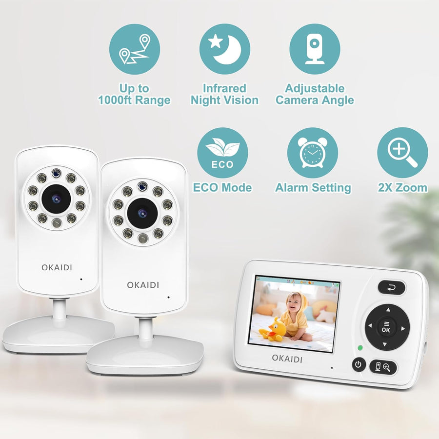 OKAIDI Monitor de video para bebés con 2 cámaras, pantalla de viaje...