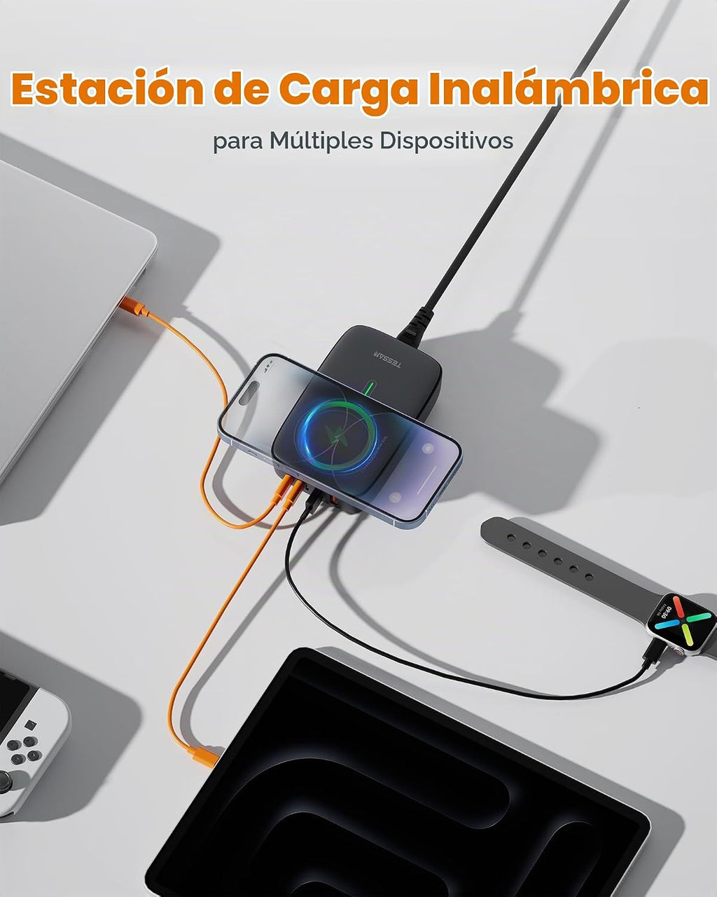 TESSAN Estación de carga USB de 65 W, cargador USB 6 en 1 con carga