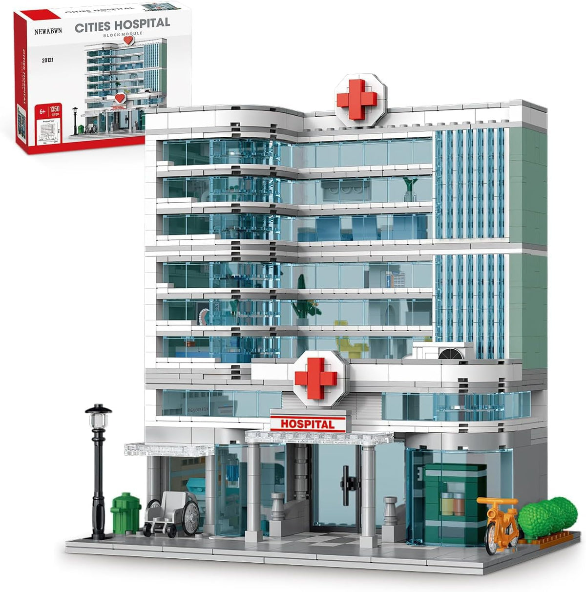 NEWABWN City Hospital Building Set 1350pc LED Lighting Modular Architecture