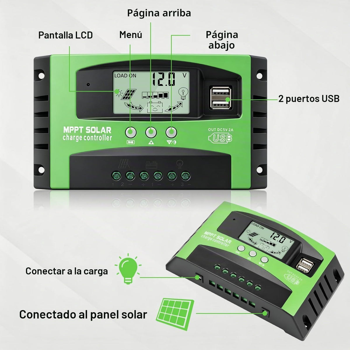 Controlador de carga de panel solar MPPT de 30 A, controlador de cargador de batería solar automático de 12 V/24 V con pantalla LCD, puerto USB dual y temporizador de ajuste de horas de encendido