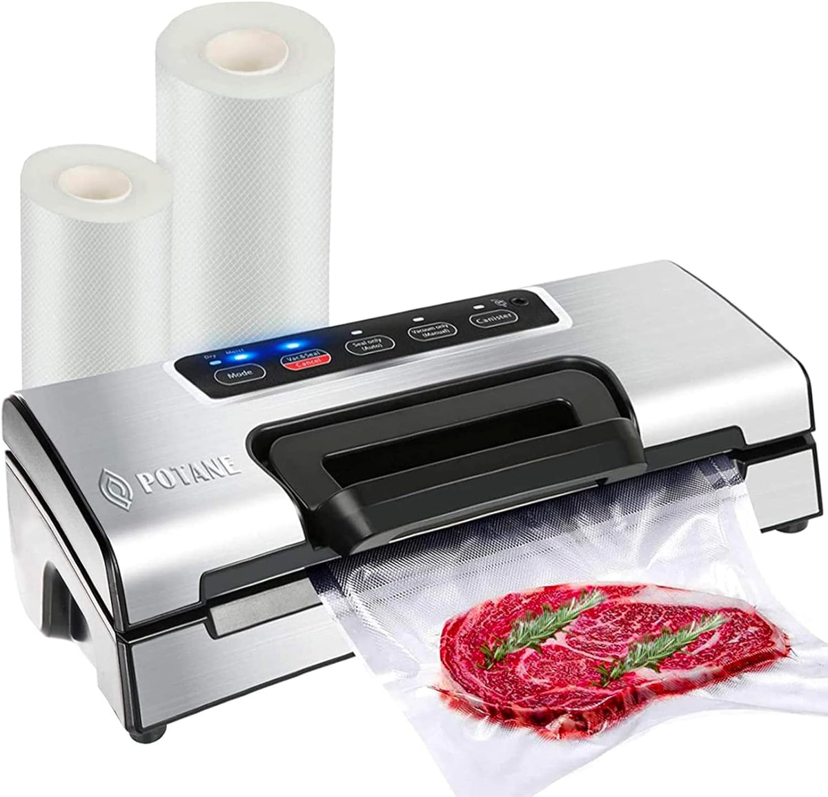 Potane Máquina de vacío de precisión, sellador de alimentos profesional con cortador integrado y almacenamiento de bolsas (hasta 20 pies de longitud), opciones automáticas y manuales, 2 modos, incluye